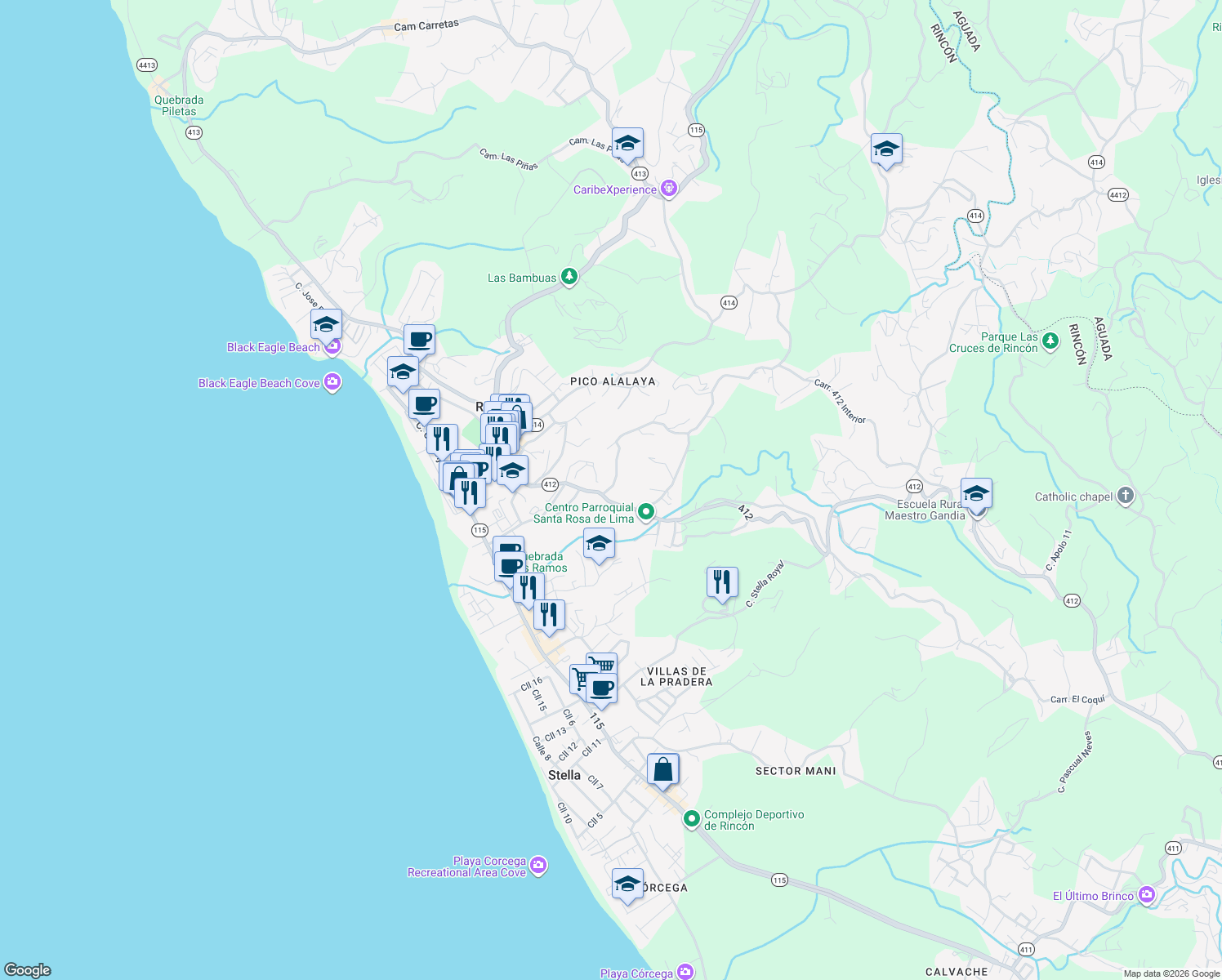map of restaurants, bars, coffee shops, grocery stores, and more near Puerto Rico 412 in Aguada