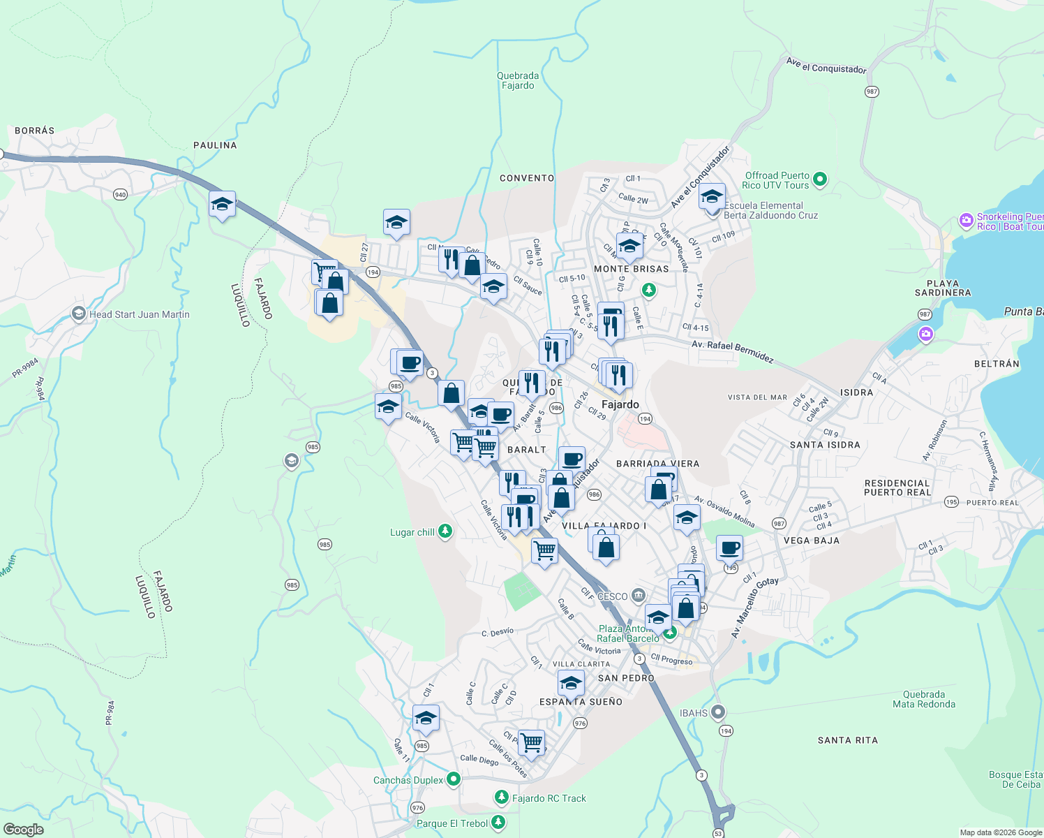 map of restaurants, bars, coffee shops, grocery stores, and more near 25 Avenida Baralt in Fajardo