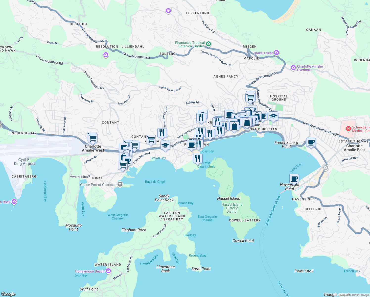 map of restaurants, bars, coffee shops, grocery stores, and more near Rue De Saint Barthelemy in Charlotte Amalie