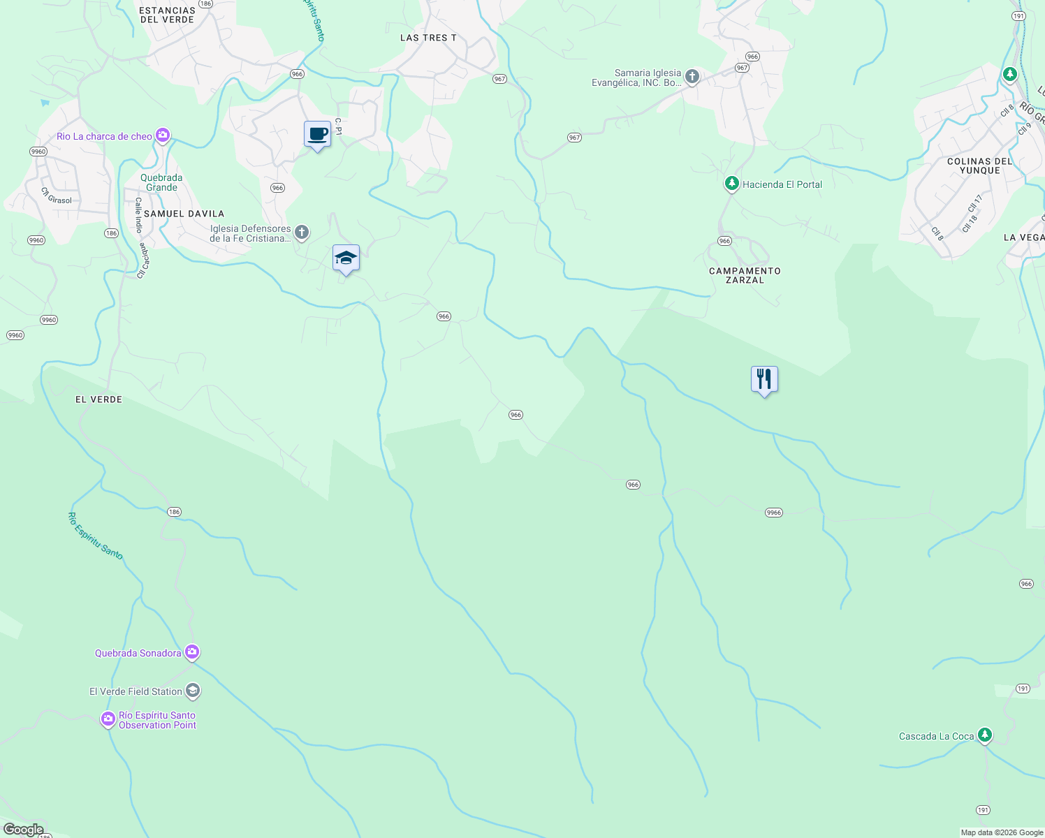 map of restaurants, bars, coffee shops, grocery stores, and more near Puerto Rico 9966 in Rio Grande