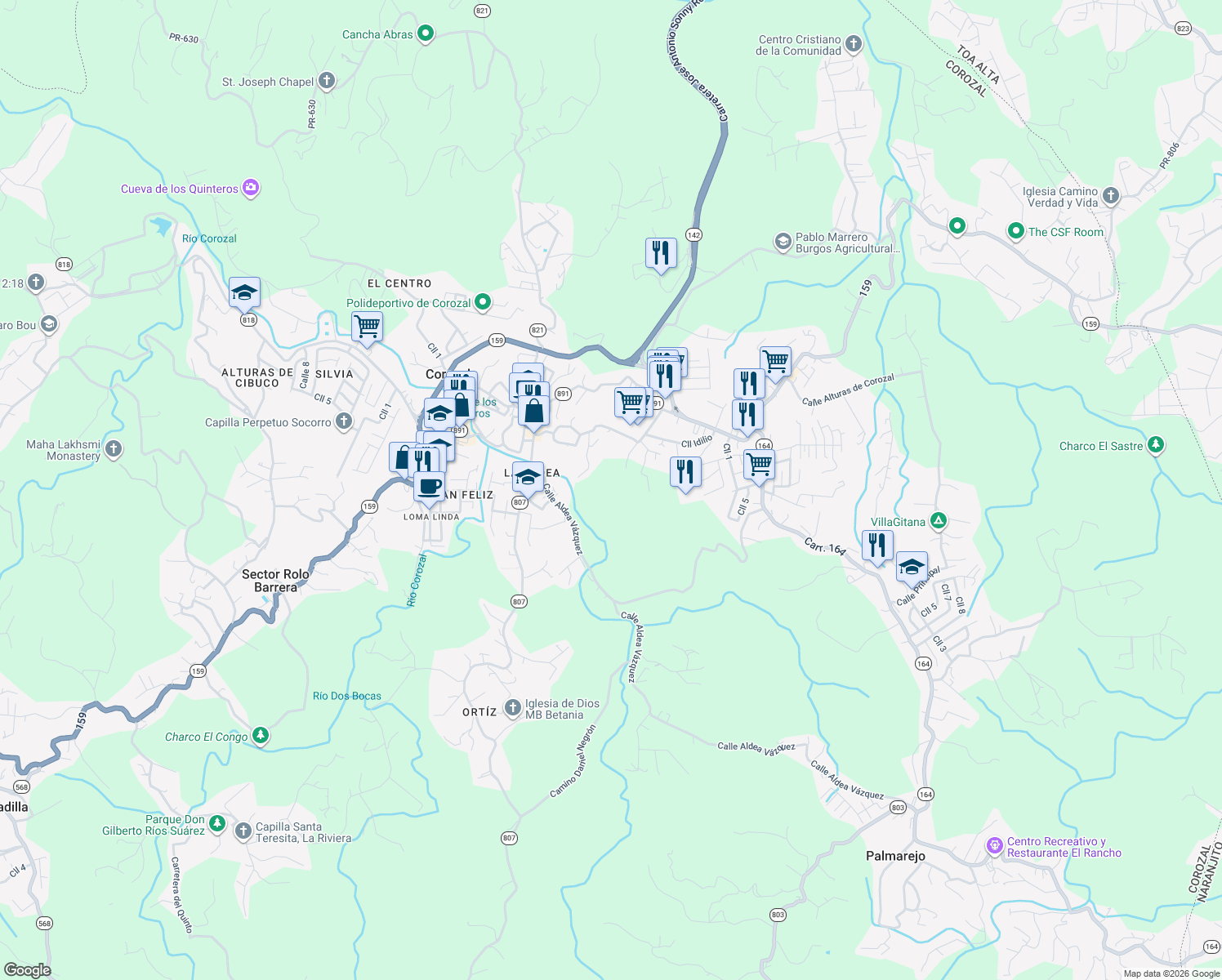 map of restaurants, bars, coffee shops, grocery stores, and more near Calle Los Ramos in Corozal