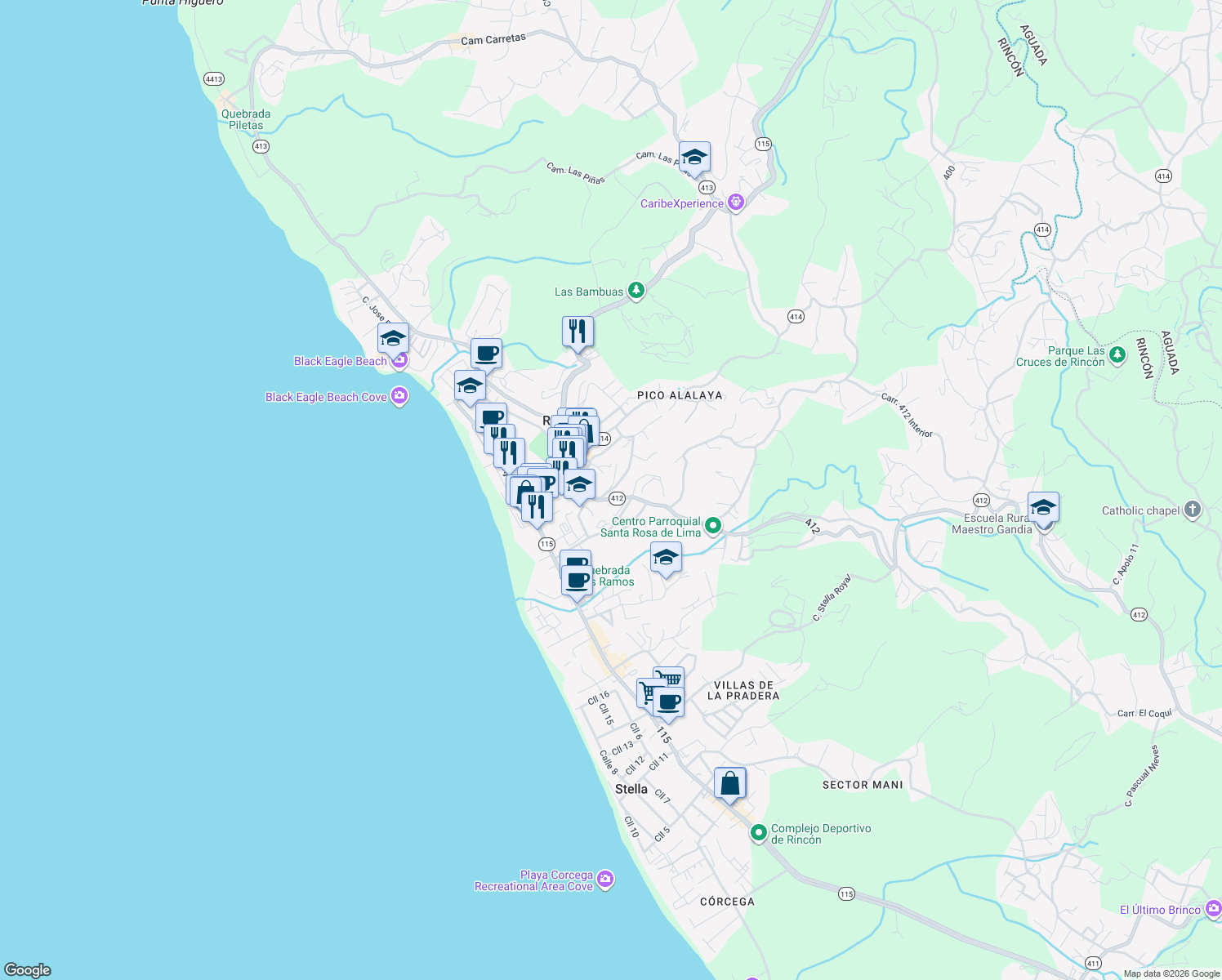 map of restaurants, bars, coffee shops, grocery stores, and more near Highway 412 in Rincon