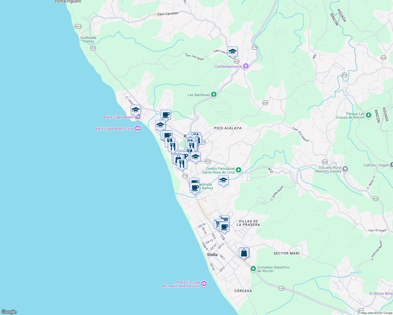 map of restaurants, bars, coffee shops, grocery stores, and more near Highway 412 in Aguada