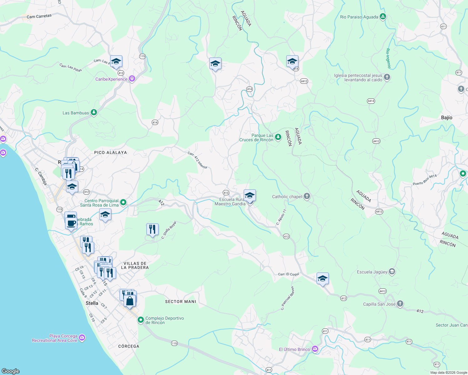 map of restaurants, bars, coffee shops, grocery stores, and more near in Rincón