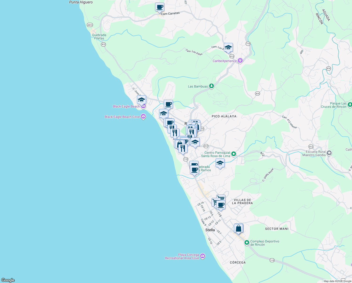 map of restaurants, bars, coffee shops, grocery stores, and more near Calle Cambija in Aguada