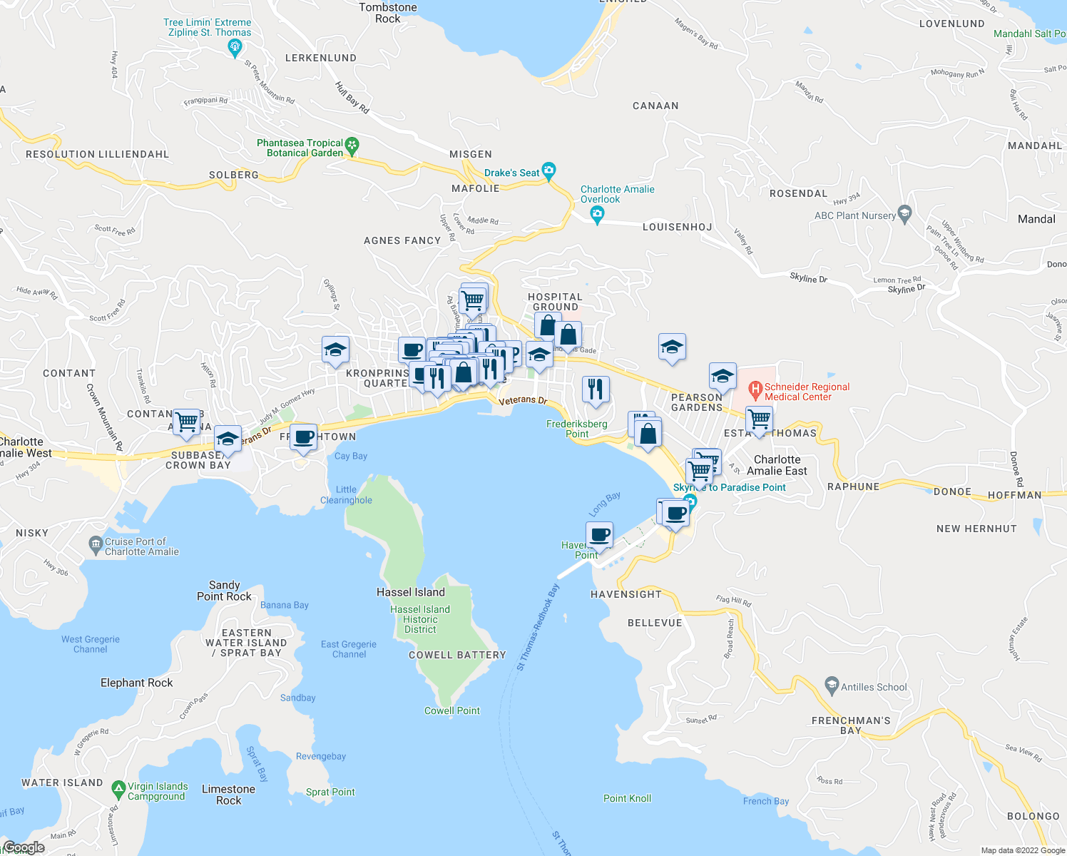 map of restaurants, bars, coffee shops, grocery stores, and more near Veterans Drive in Charlotte Amalie