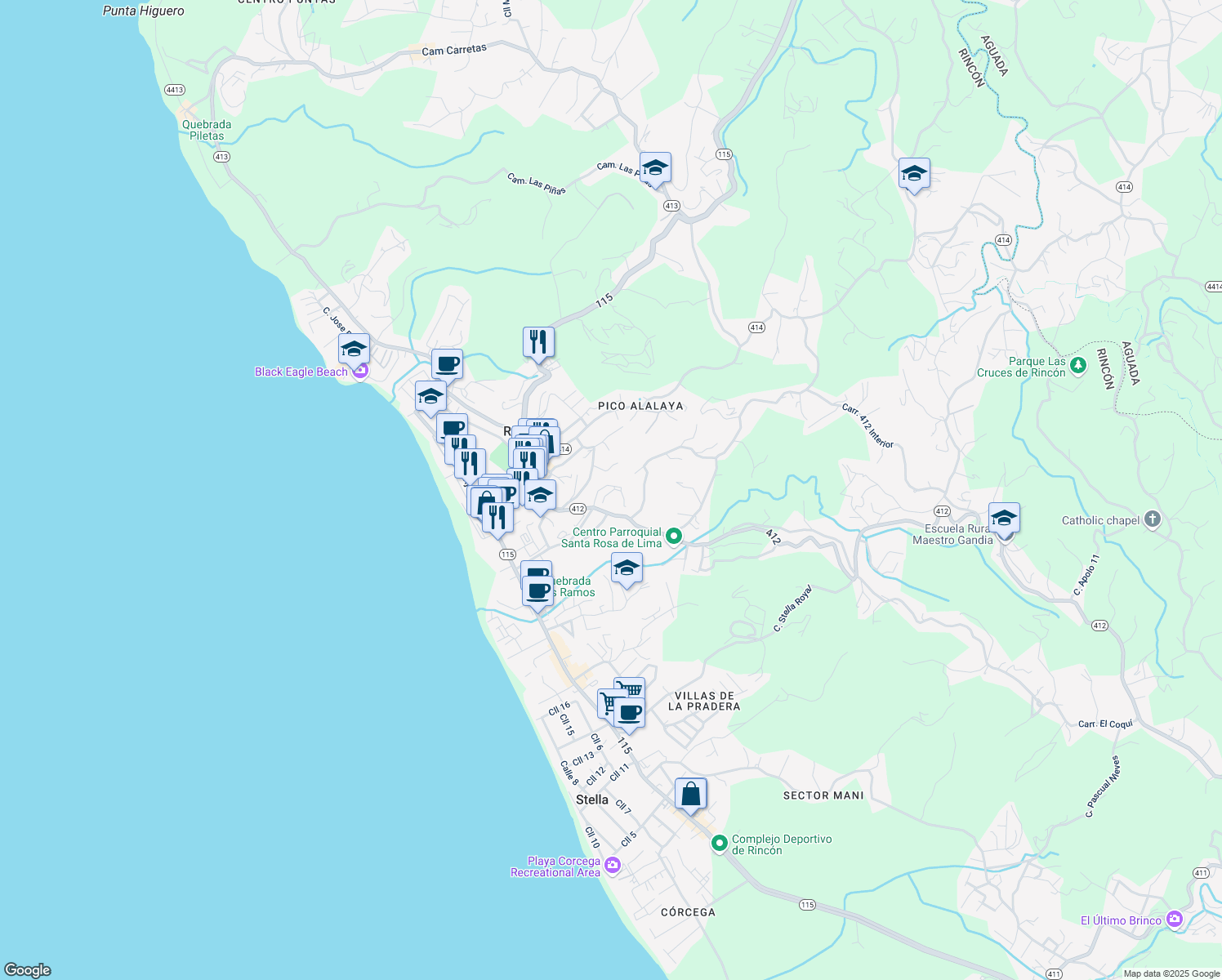 map of restaurants, bars, coffee shops, grocery stores, and more near Camino Mortero in Aguada