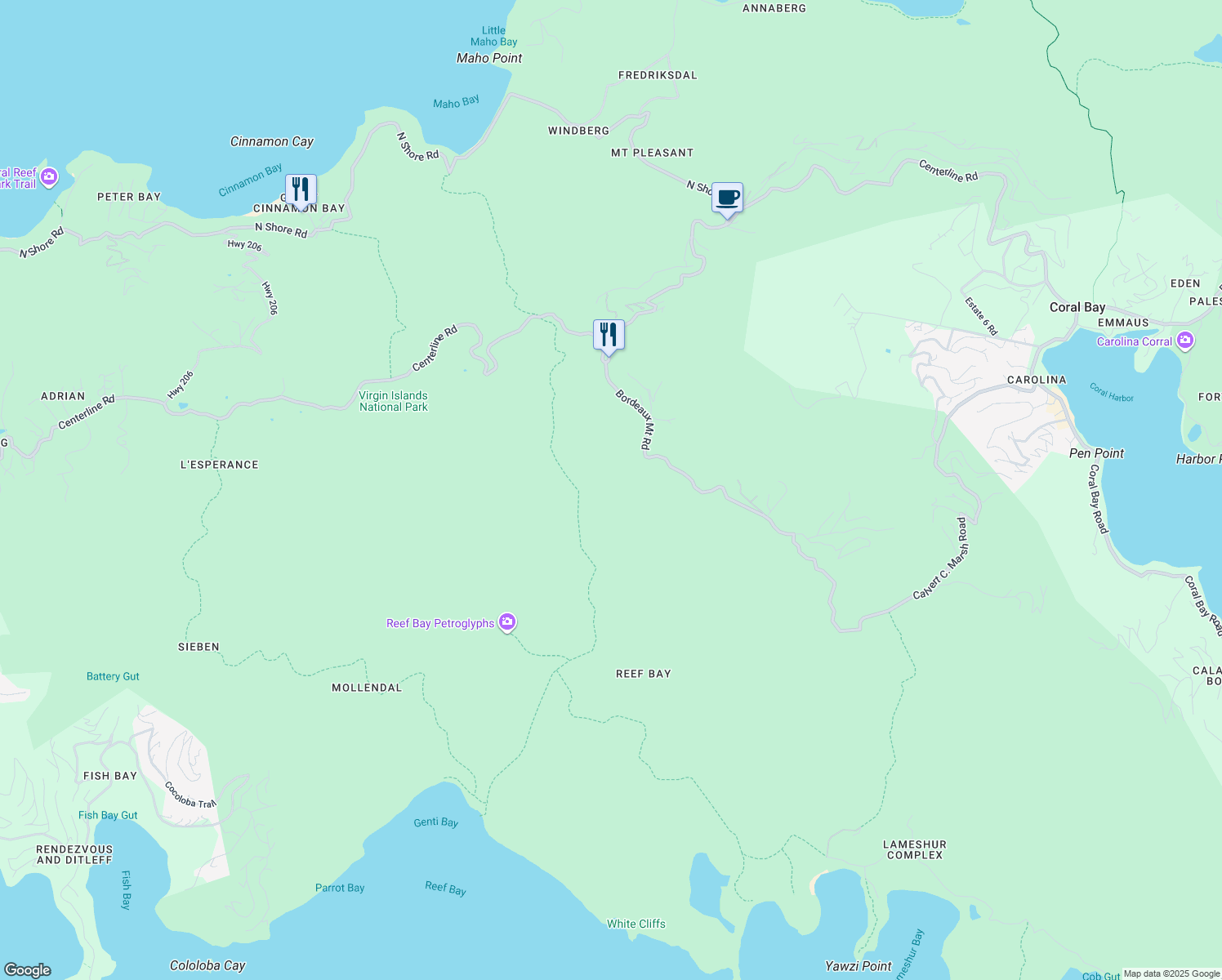 map of restaurants, bars, coffee shops, grocery stores, and more near Reef Bay Trail in Central