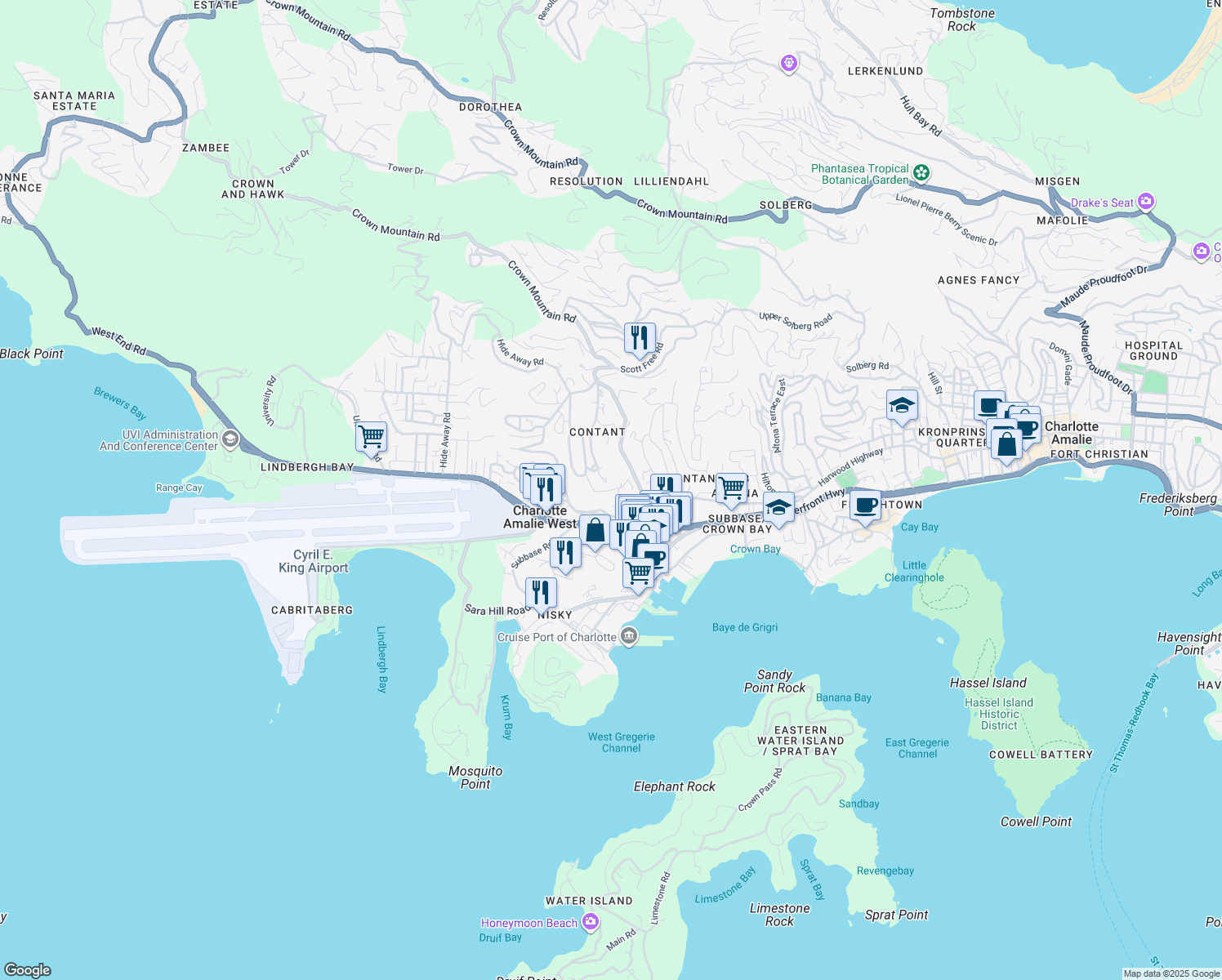 map of restaurants, bars, coffee shops, grocery stores, and more near Hwy 30 in Charlotte Amalie West