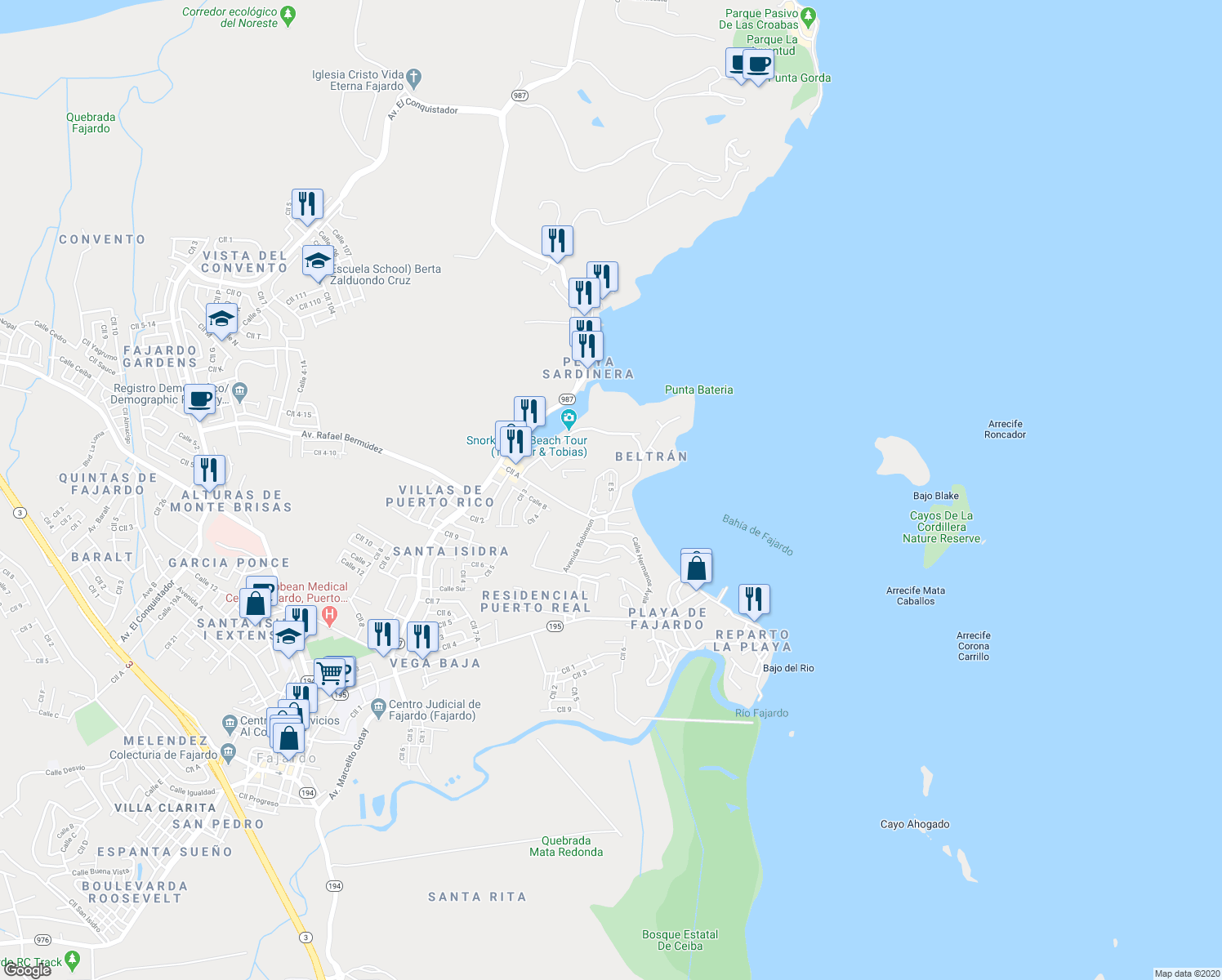 map of restaurants, bars, coffee shops, grocery stores, and more near East 5 in Fajardo