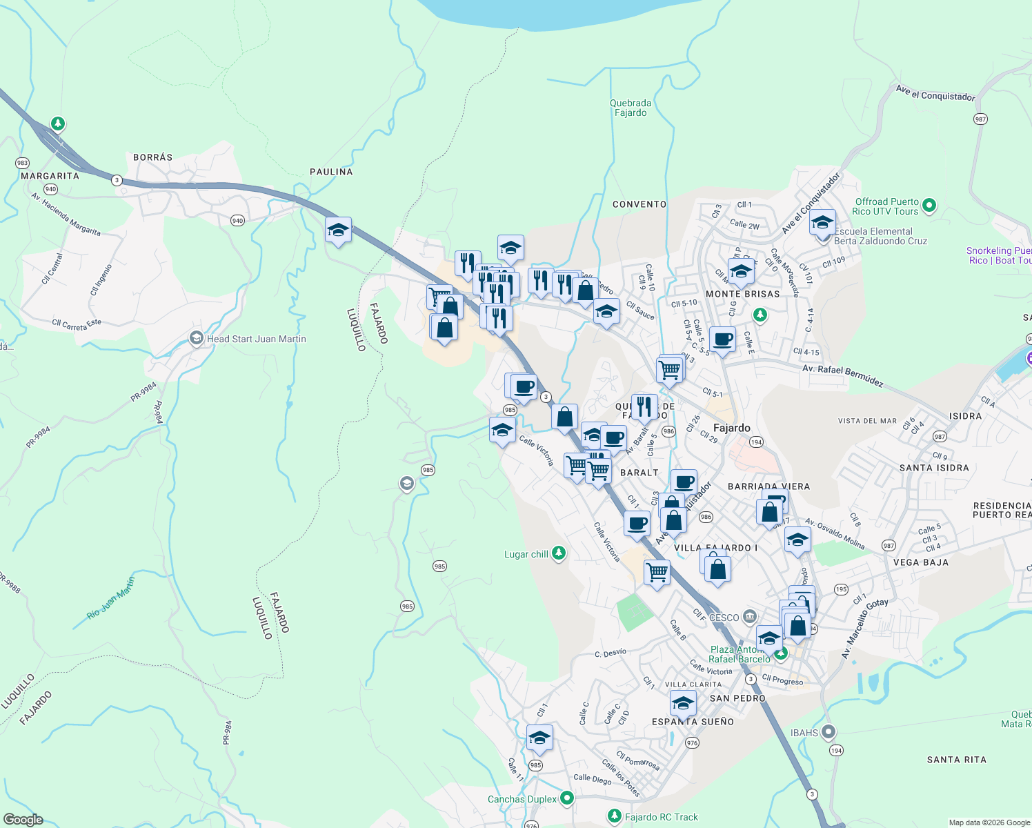 map of restaurants, bars, coffee shops, grocery stores, and more near Highway 985 in Fajardo