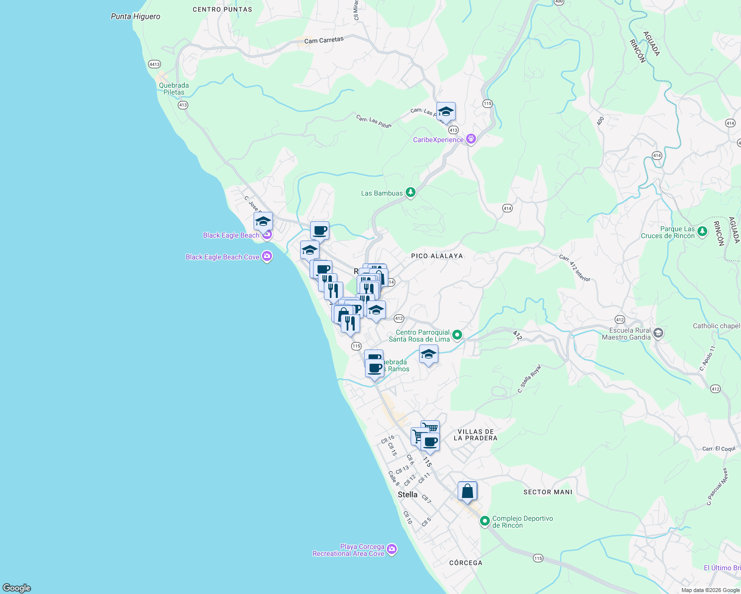 map of restaurants, bars, coffee shops, grocery stores, and more near Puerto Rico 115 in Aguada