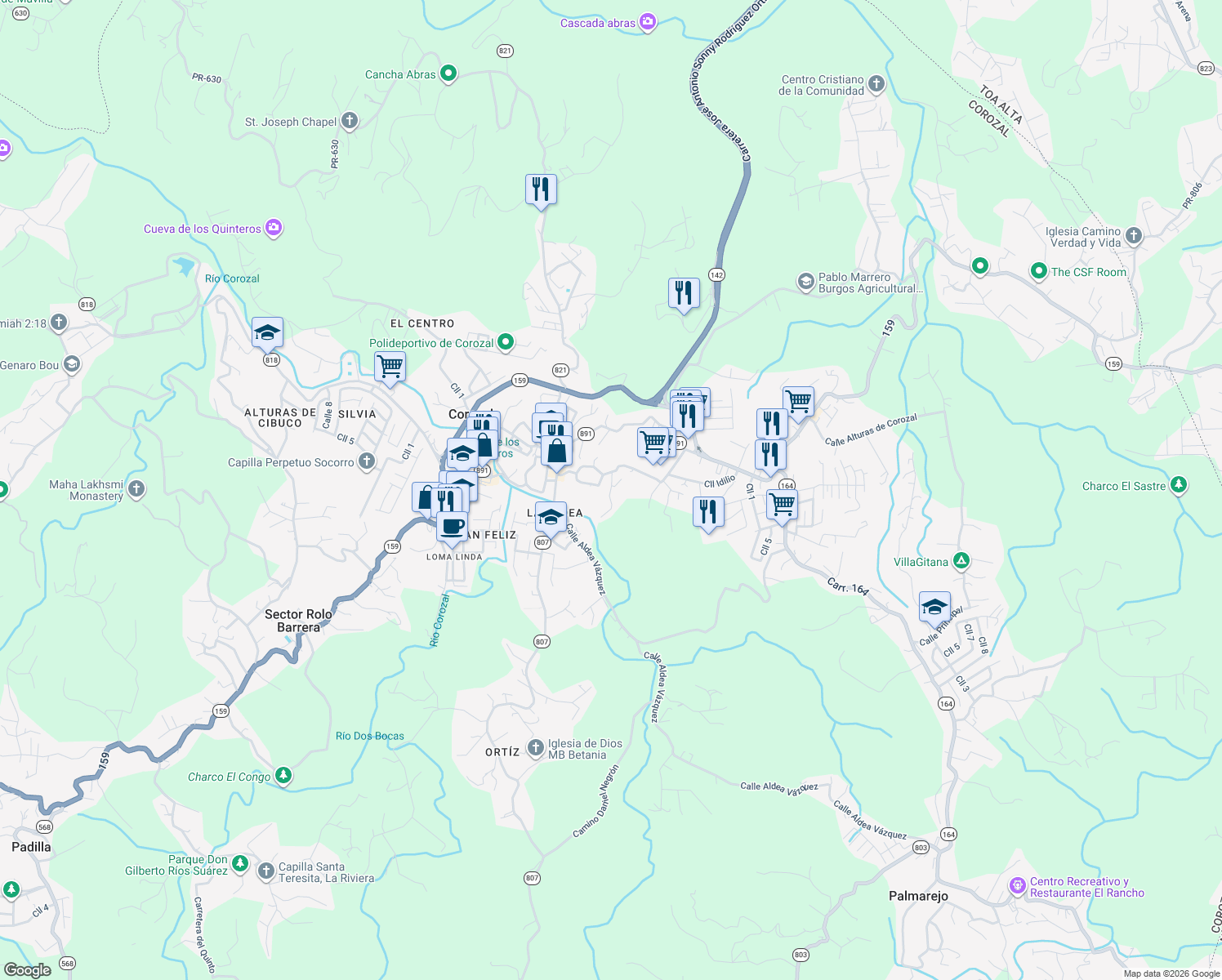 map of restaurants, bars, coffee shops, grocery stores, and more near Calle Los Ramos in Corozal