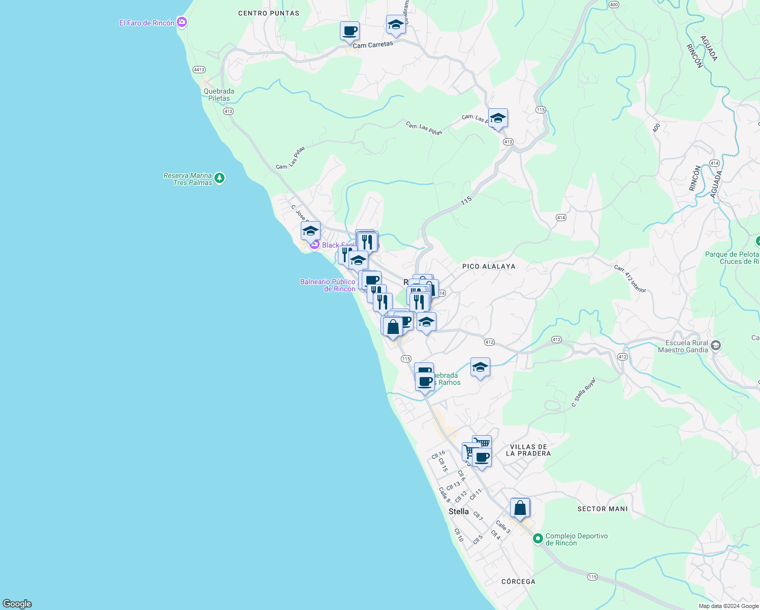 map of restaurants, bars, coffee shops, grocery stores, and more near in Rincón