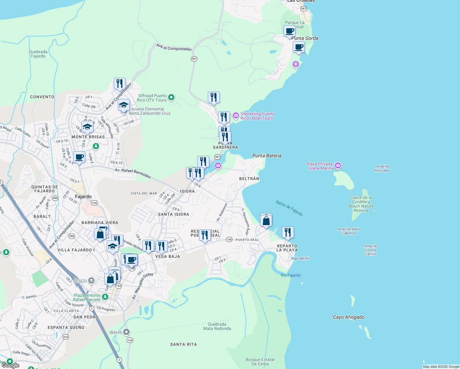 map of restaurants, bars, coffee shops, grocery stores, and more near East 5 in Fajardo
