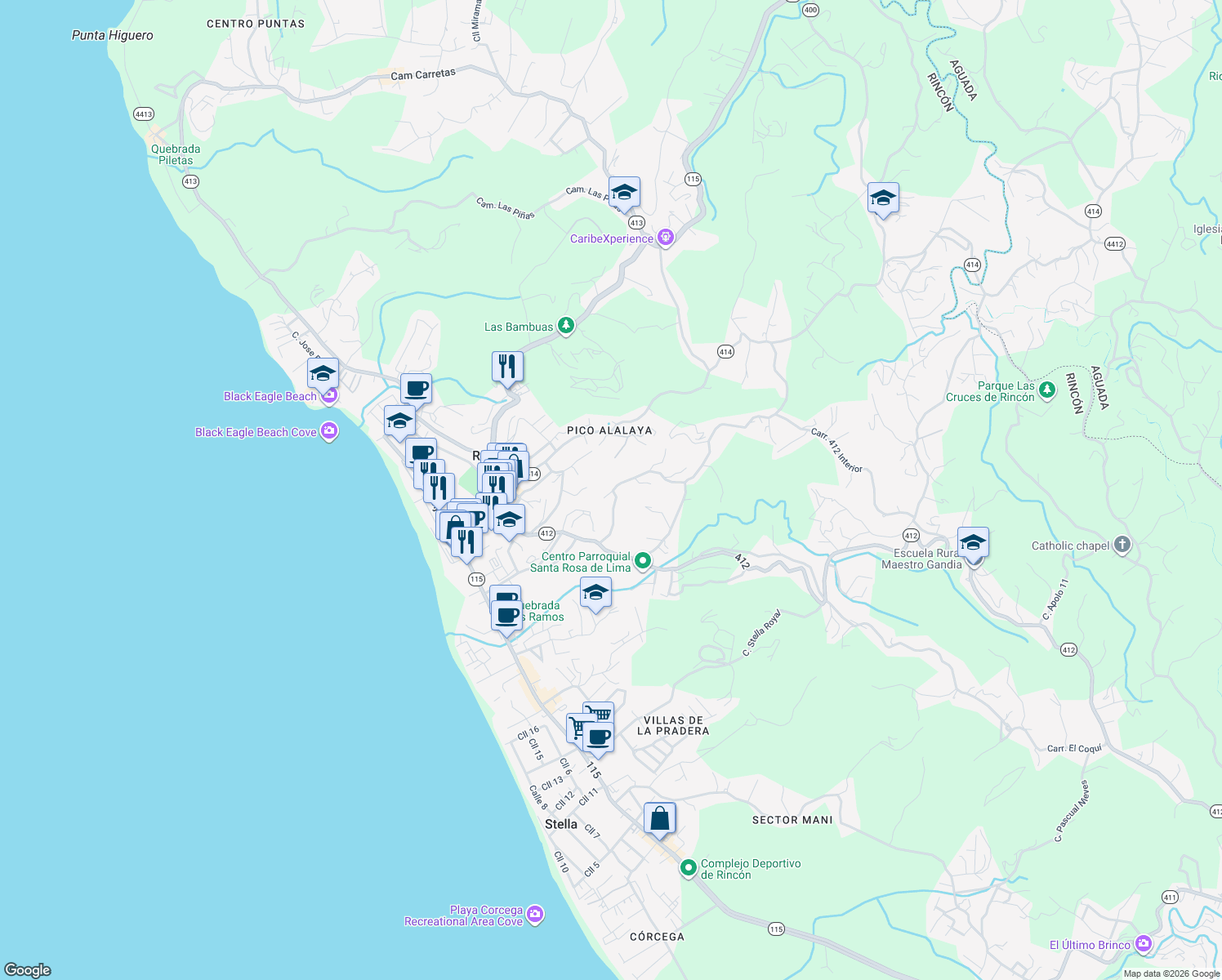 map of restaurants, bars, coffee shops, grocery stores, and more near Calle Kuta in Aguada