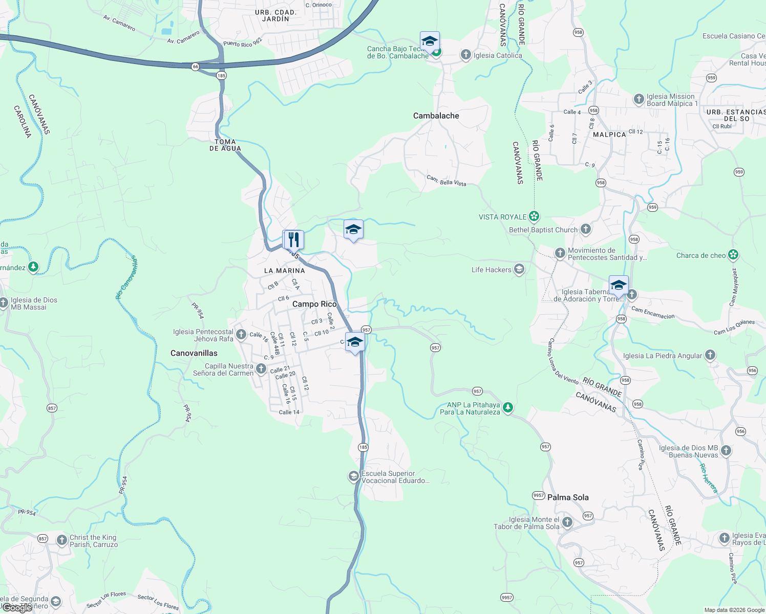 map of restaurants, bars, coffee shops, grocery stores, and more near Puerto Rico 957 in Canóvanas