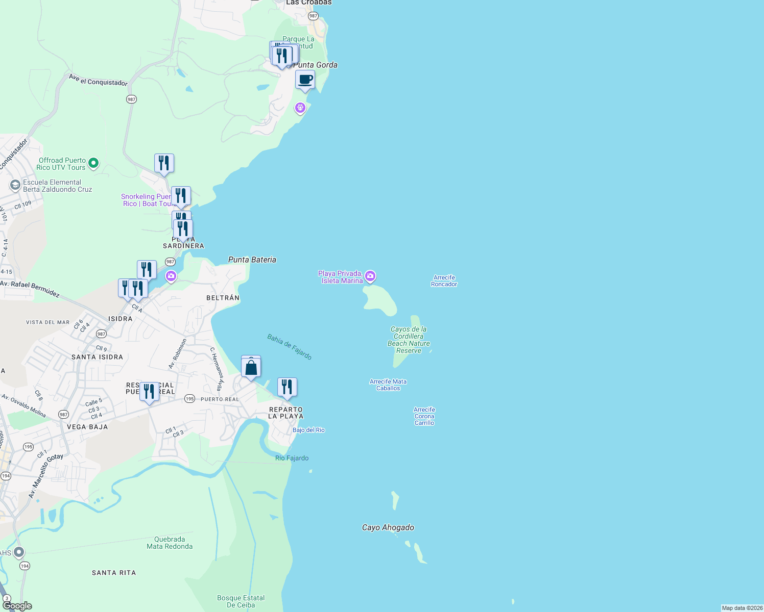 map of restaurants, bars, coffee shops, grocery stores, and more near in Fajardo