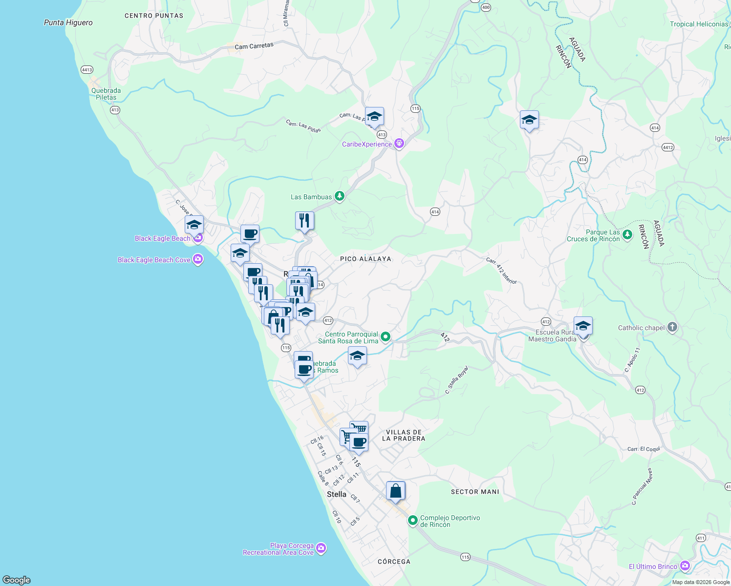 map of restaurants, bars, coffee shops, grocery stores, and more near Calle Kuta in Aguada