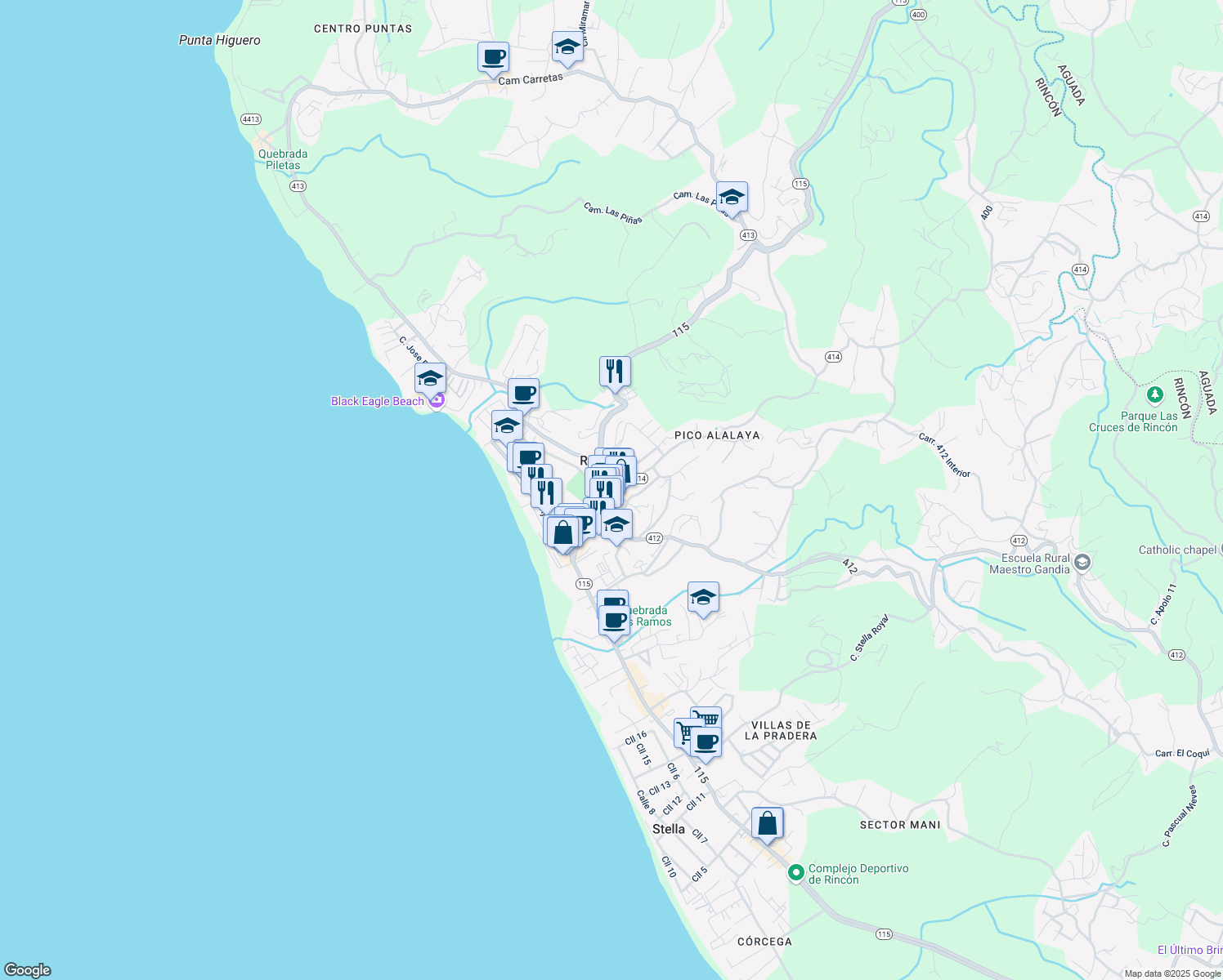map of restaurants, bars, coffee shops, grocery stores, and more near 2 Calle Progreso in Aguadilla Pueblo