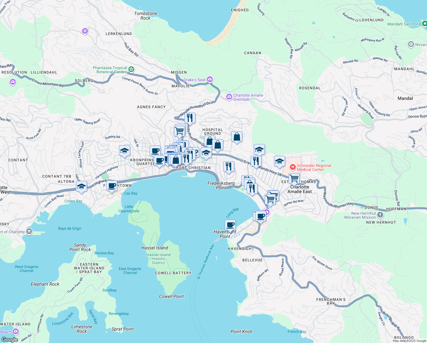 map of restaurants, bars, coffee shops, grocery stores, and more near 5500 Veterans Drive in Charlotte Amalie
