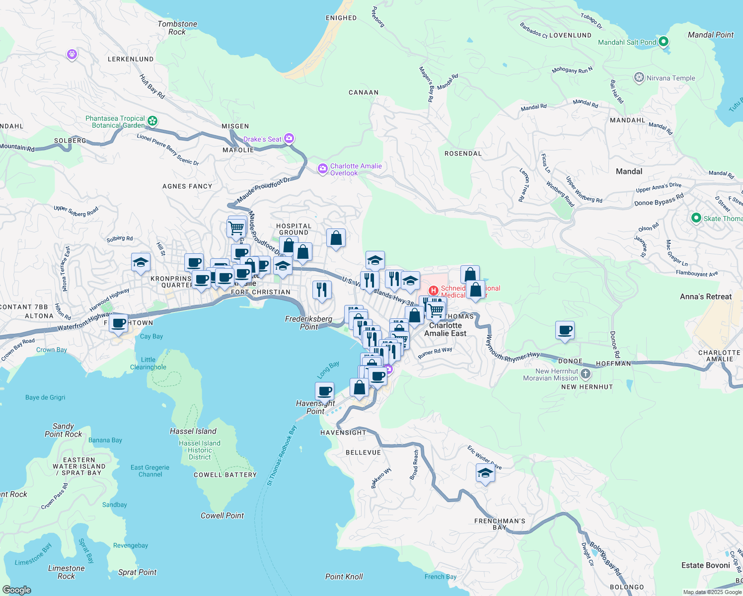 map of restaurants, bars, coffee shops, grocery stores, and more near 2nd Street in Charlotte Amalie