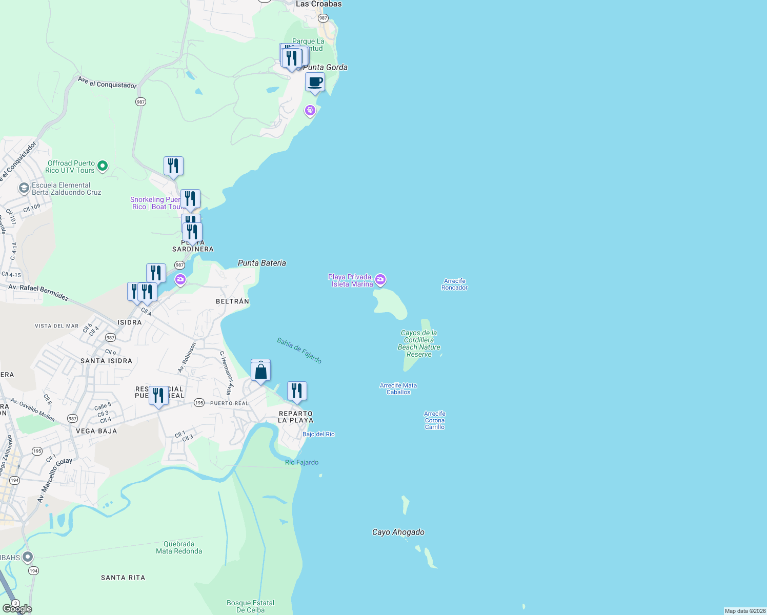 map of restaurants, bars, coffee shops, grocery stores, and more near in Fajardo