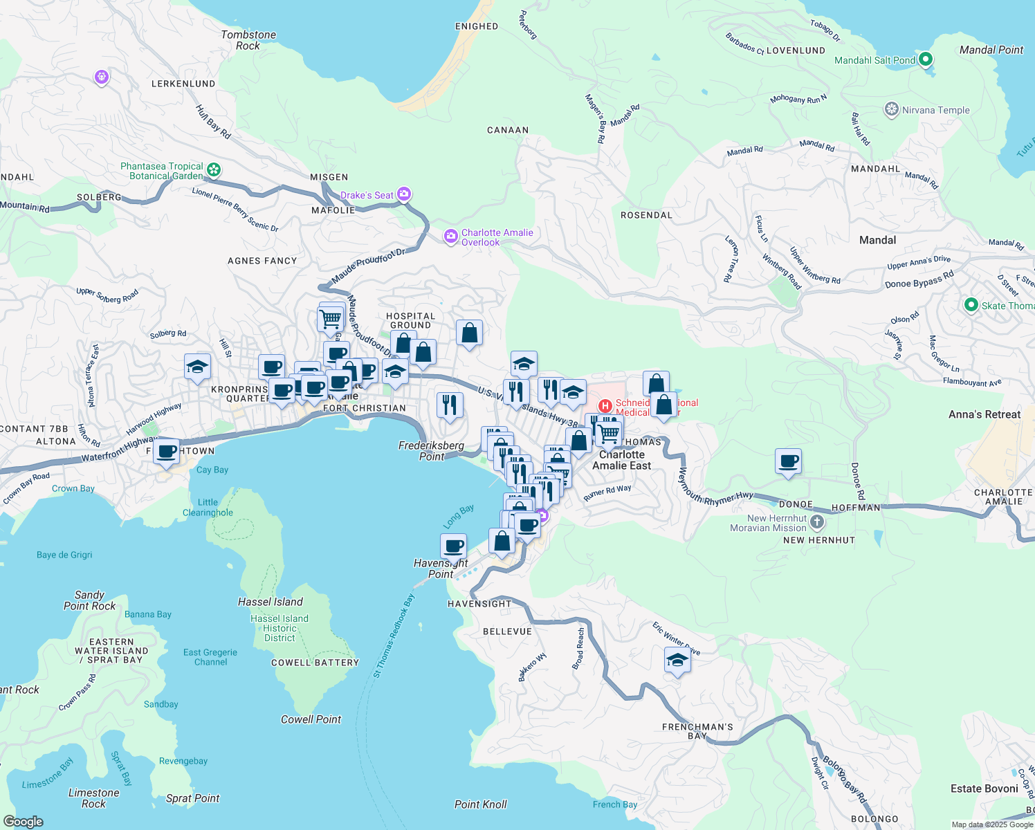 map of restaurants, bars, coffee shops, grocery stores, and more near 2nd Street in Charlotte Amalie