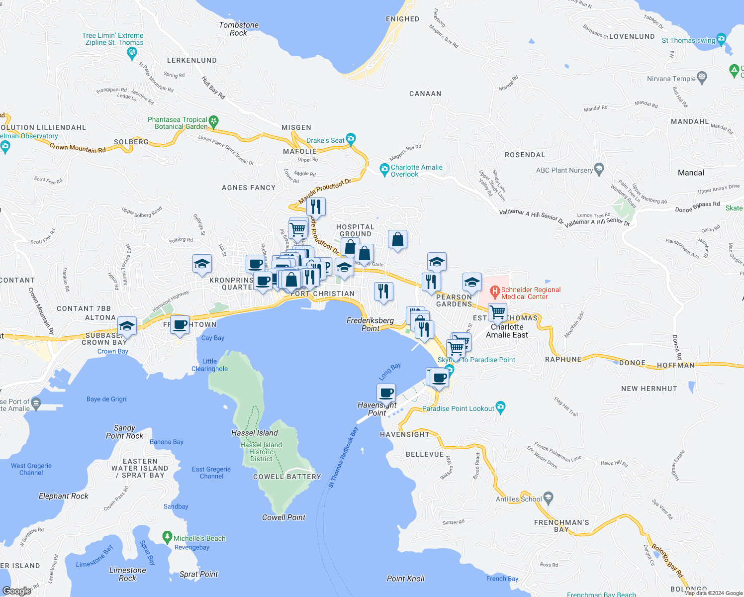 map of restaurants, bars, coffee shops, grocery stores, and more near 5500 Veterans Drive in Charlotte Amalie