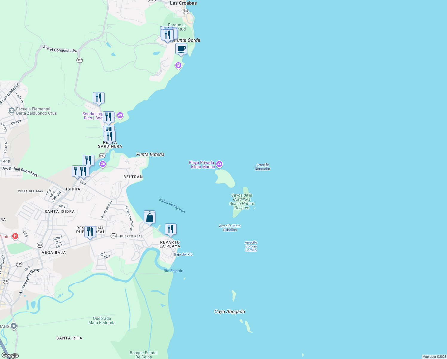 map of restaurants, bars, coffee shops, grocery stores, and more near in Fajardo