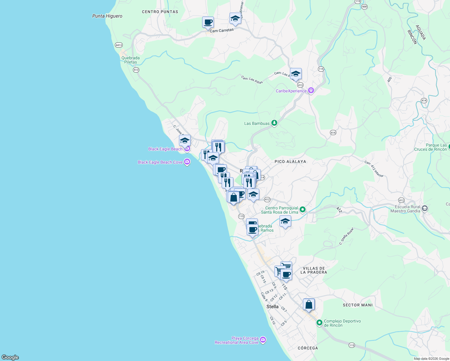 map of restaurants, bars, coffee shops, grocery stores, and more near in Rincón