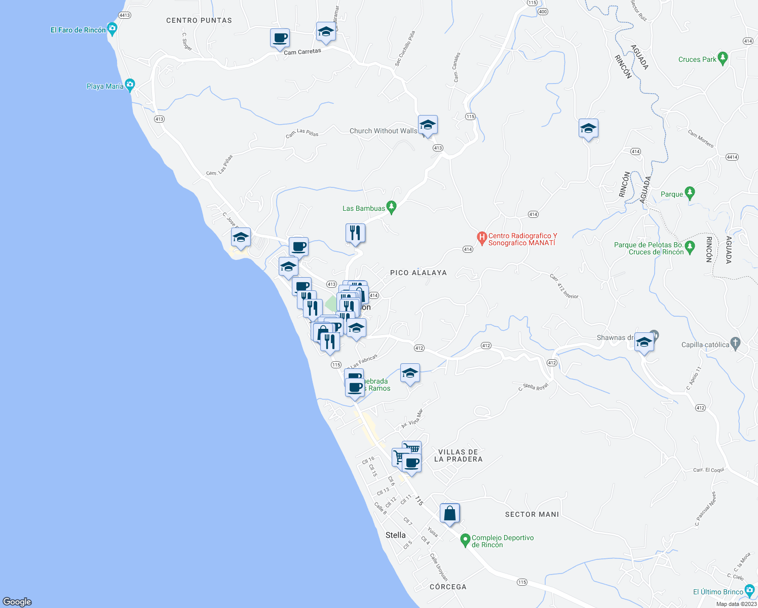 map of restaurants, bars, coffee shops, grocery stores, and more near 360 Calle Francisco Colón Guerra in Aguada