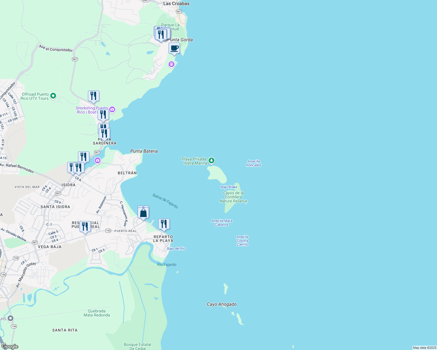 map of restaurants, bars, coffee shops, grocery stores, and more near in Fajardo