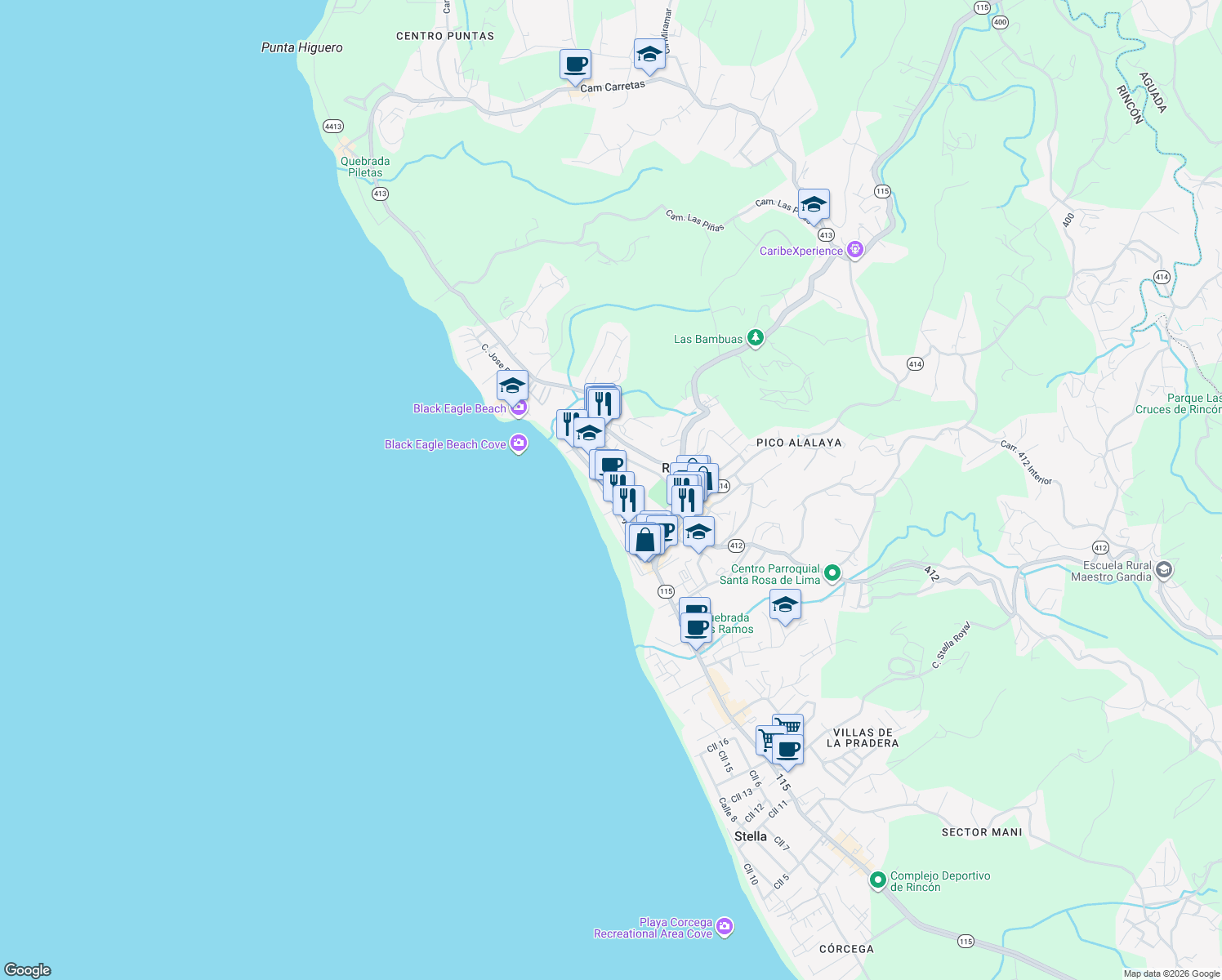 map of restaurants, bars, coffee shops, grocery stores, and more near in Rincón
