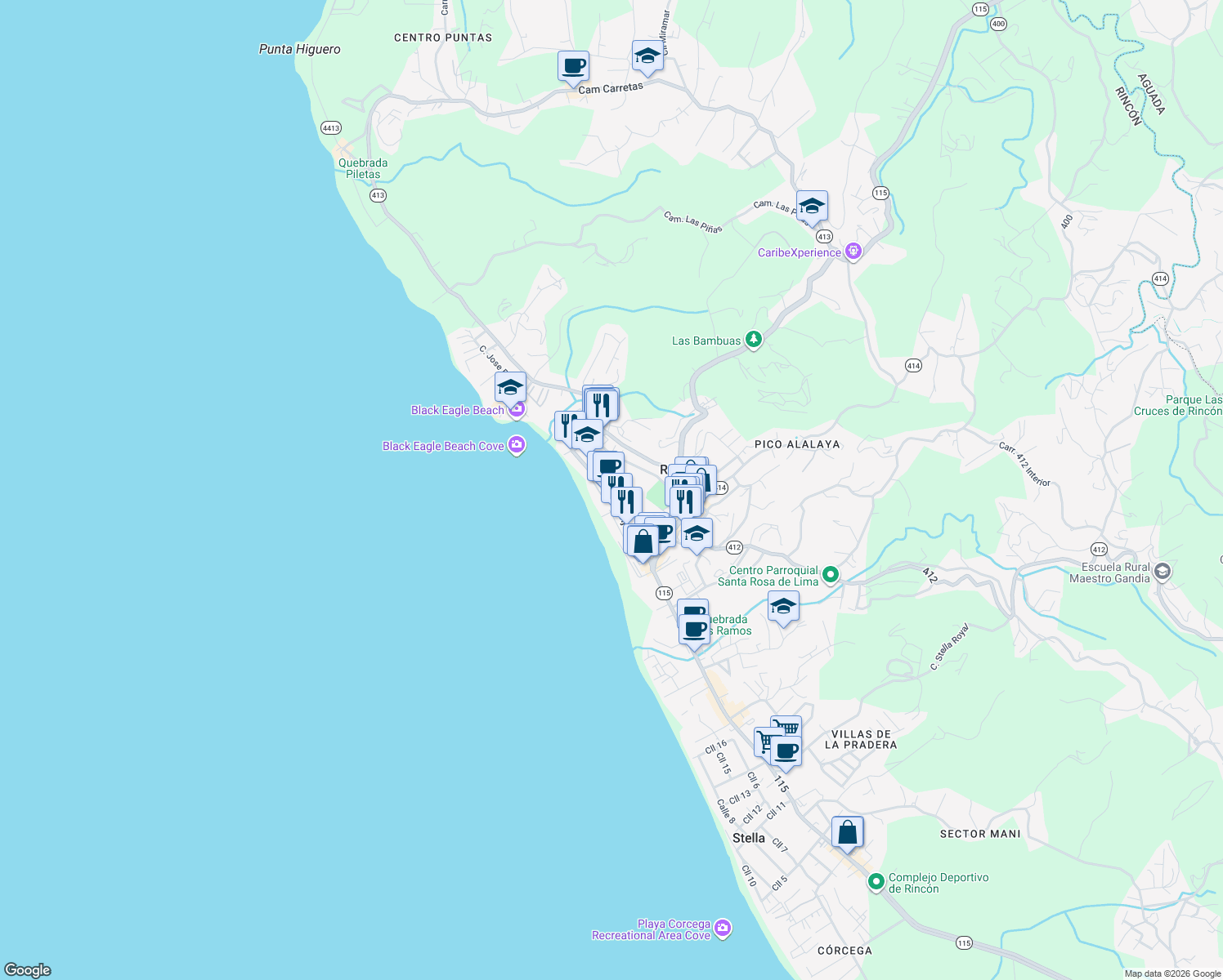 map of restaurants, bars, coffee shops, grocery stores, and more near in Rincón