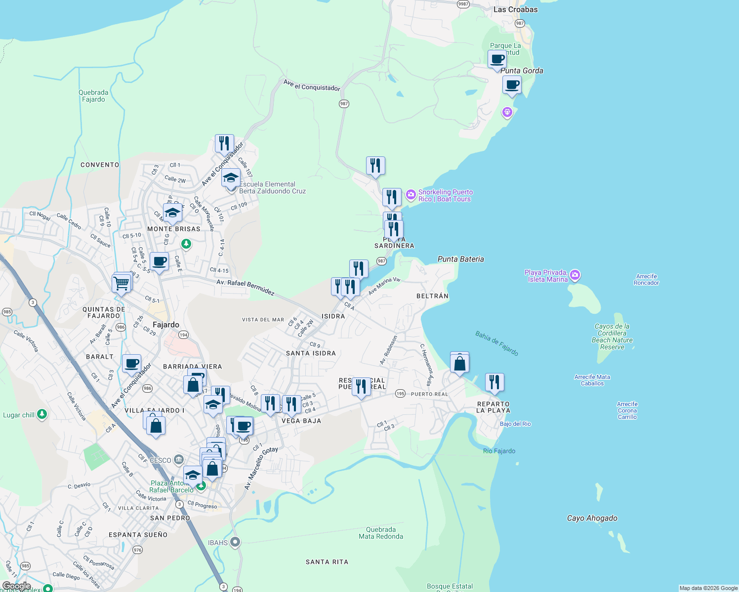 map of restaurants, bars, coffee shops, grocery stores, and more near 200 Avenida Marina View in Fajardo