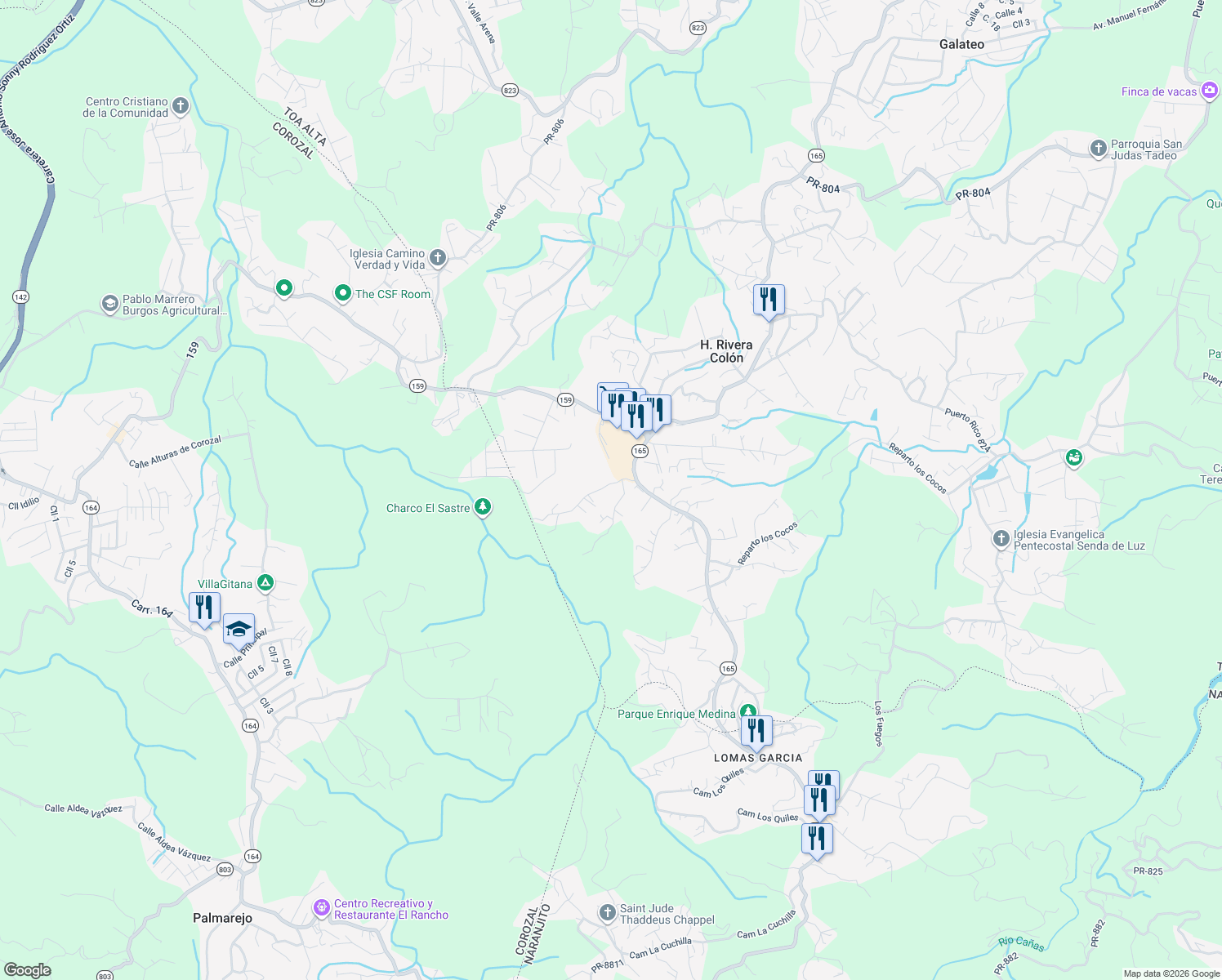 map of restaurants, bars, coffee shops, grocery stores, and more near 165 in Corozal