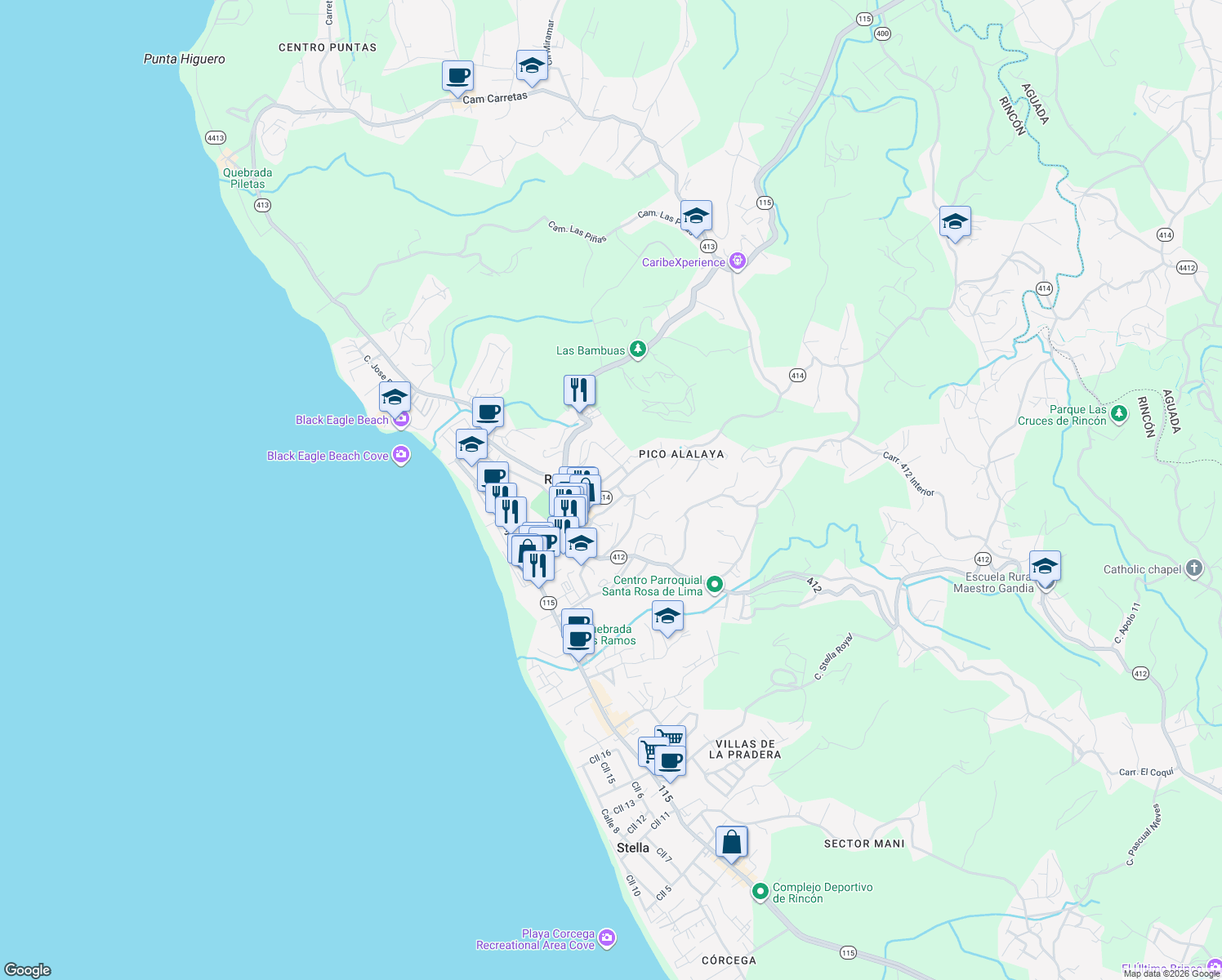 map of restaurants, bars, coffee shops, grocery stores, and more near 360 Calle Francisco Colón Guerra in Aguada