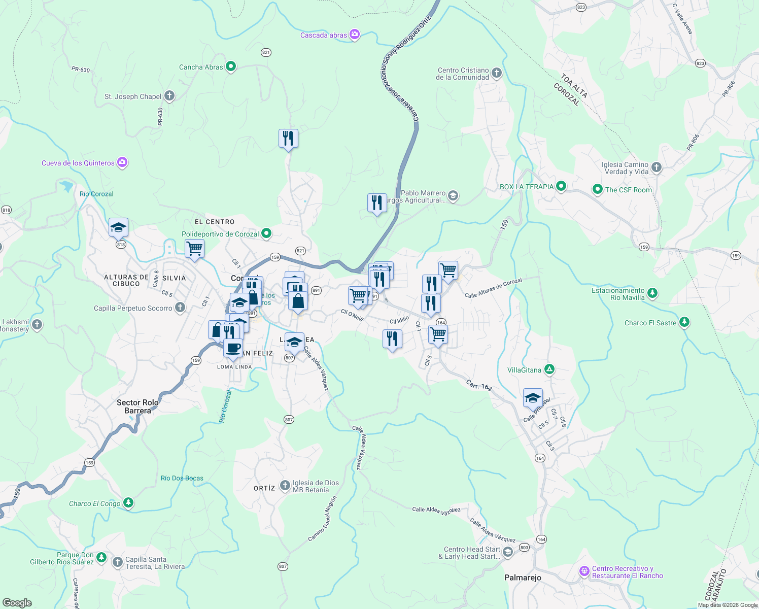 map of restaurants, bars, coffee shops, grocery stores, and more near in Corozal
