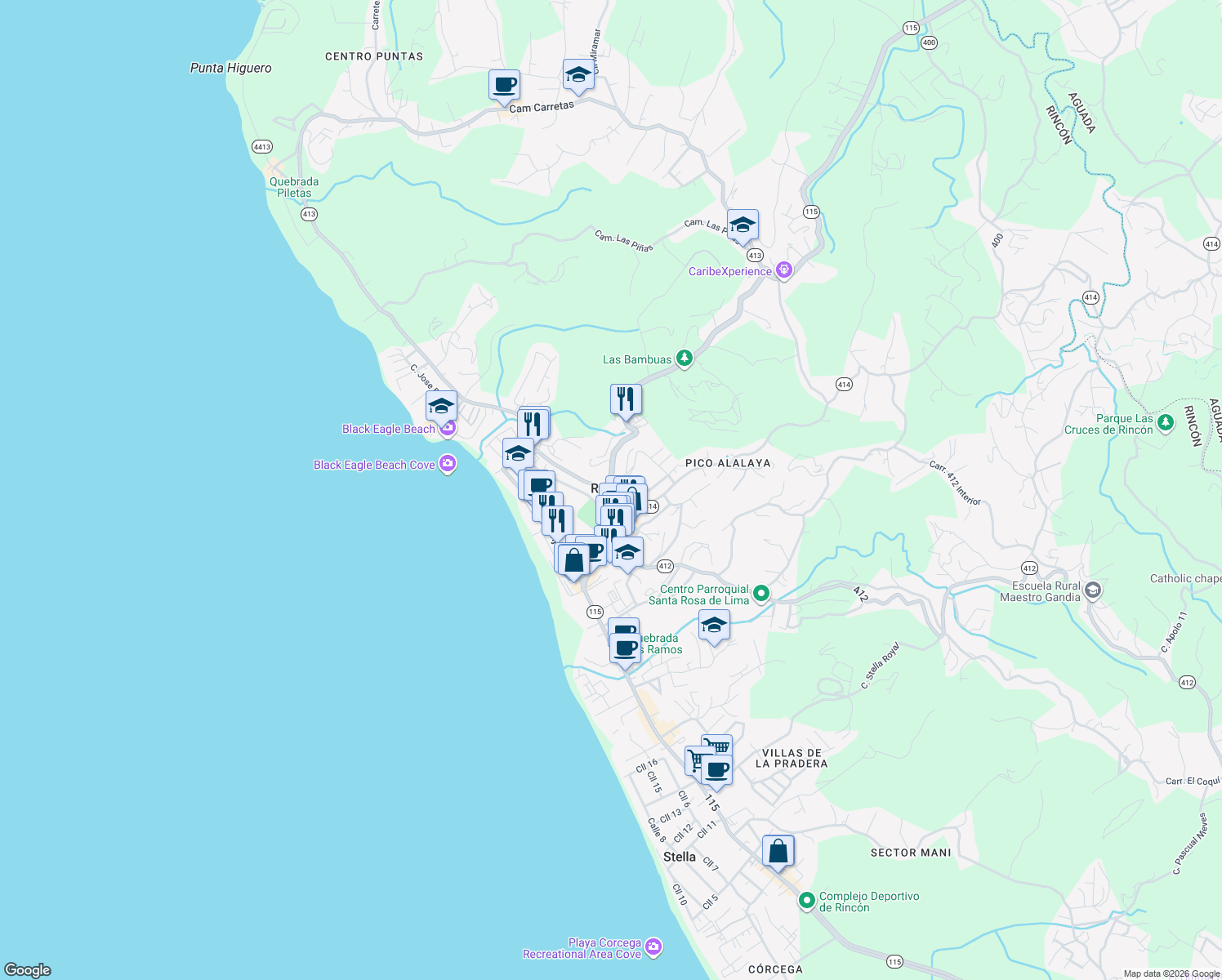 map of restaurants, bars, coffee shops, grocery stores, and more near Highway 413 in Aguada