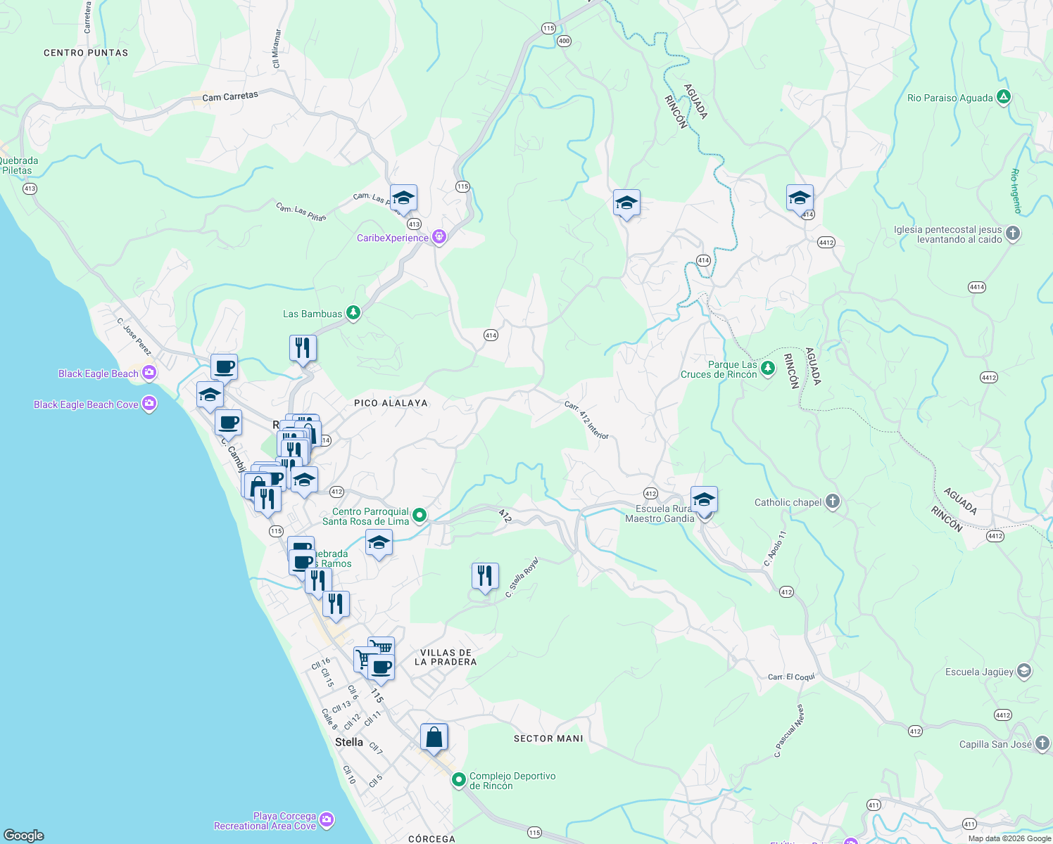 map of restaurants, bars, coffee shops, grocery stores, and more near Unnamed Rd in Aguada