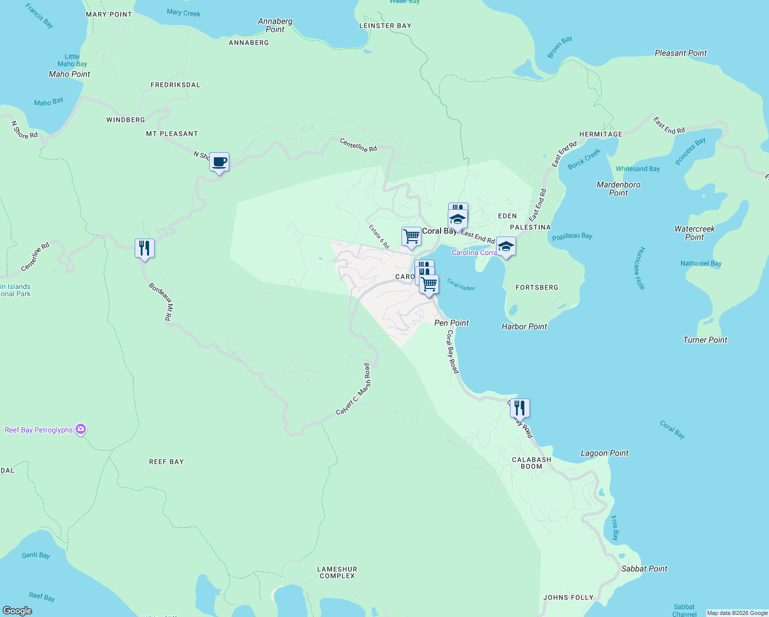 map of restaurants, bars, coffee shops, grocery stores, and more near 761 Clendinen Drive in Coral Bay