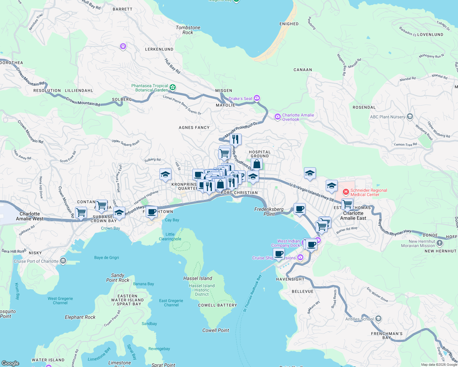 map of restaurants, bars, coffee shops, grocery stores, and more near in Charlotte Amalie