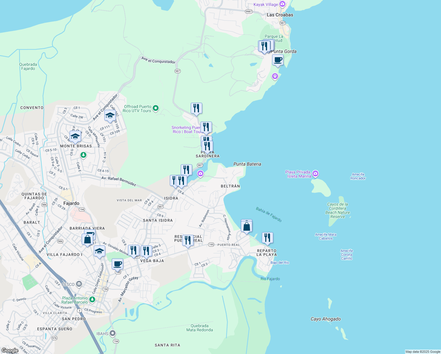 map of restaurants, bars, coffee shops, grocery stores, and more near 200 Avenida Marina View in Fajardo