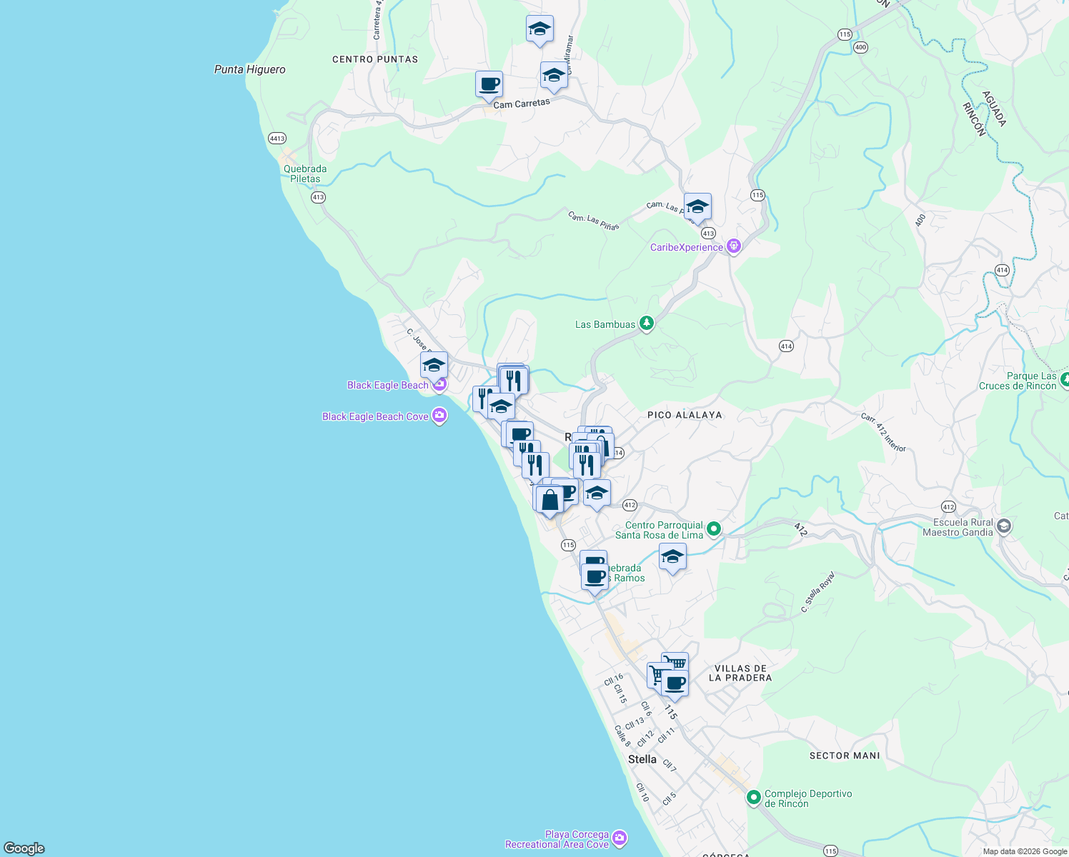 map of restaurants, bars, coffee shops, grocery stores, and more near Puerto Rico 413 in Aguada