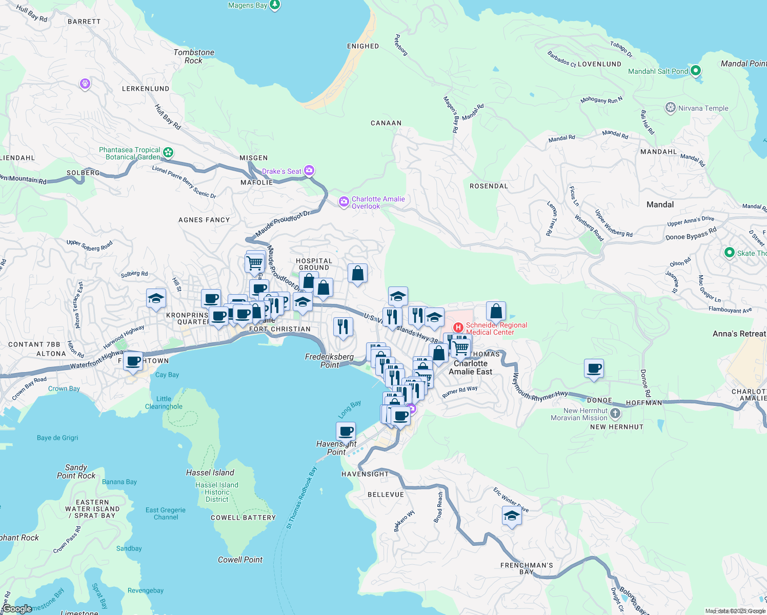 map of restaurants, bars, coffee shops, grocery stores, and more near 8-9 Alton Adams Sr Drive in Charlotte Amalie