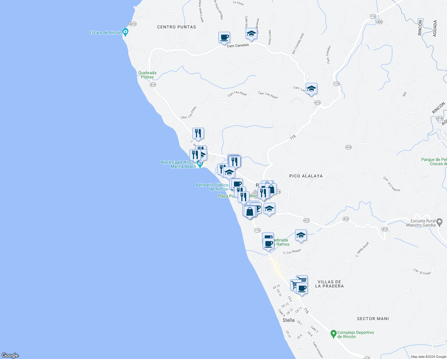 map of restaurants, bars, coffee shops, grocery stores, and more near 89 Calle Cambija in Rincón