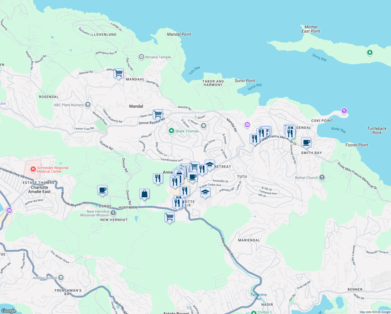 map of restaurants, bars, coffee shops, grocery stores, and more near Sugarapple Road in Anna's Retreat