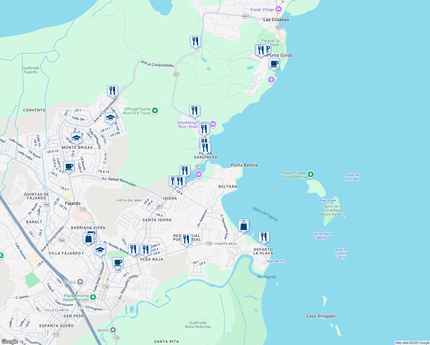 map of restaurants, bars, coffee shops, grocery stores, and more near Carretera Cabezas de San Juan in Fajardo