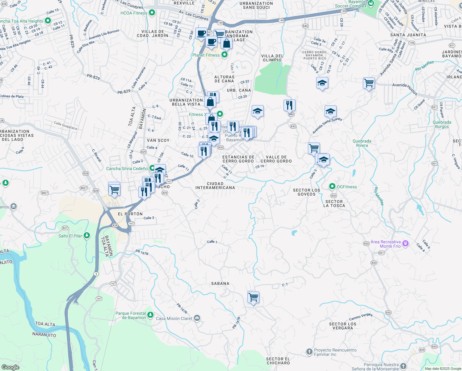 map of restaurants, bars, coffee shops, grocery stores, and more near Calle Marlin in Bayamón